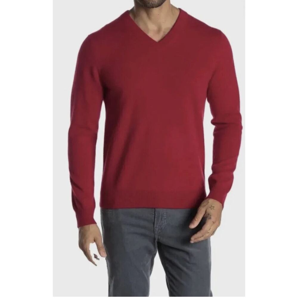 QI Cashmere Men's Bordo Burgundy Red Sweater Rib Knit V-Neck Pullover L Large